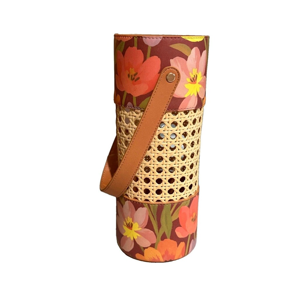 Barnes & Noble Floral Wine Bottle Carrier Bag Rattan Woven Holder